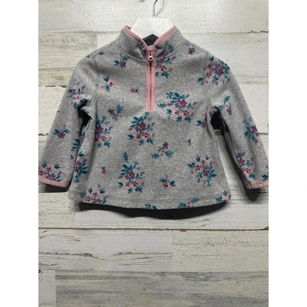 OshKosh Fleece Pullover Girls 12M Gray Floral Quarter Zip EUC